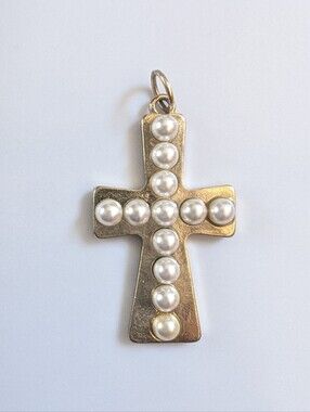 Vintage Signed BJ Faux Pearl Cross Goldtone Pendant